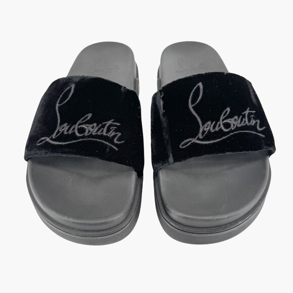 Christian Louboutin 'Navy Pool' Slide Sandals Size 37 US 7 Black Velvet Logo 33 - Picture 2 of 12